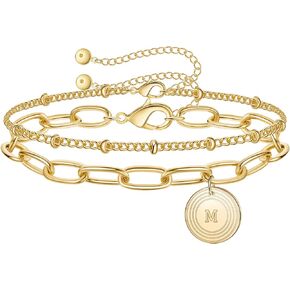 MRSXIA Bracelet for Women Gold Initial Sideways Letter A-Z 5MM Cuban Link Curb Chain 18K Gold Filled Dainty Simple Personalized Alphabet Jewelry Birthday Gift