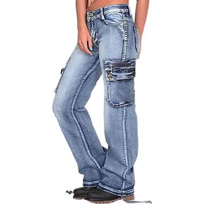 Flamingals Women's Cargo Jeans for Women Flap Pocket Drawstring Hem Low Rise Cargo Pants