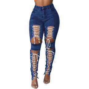 Womens Sexy Denim Cut Off Butt Lift Stretch Ripped Lace Up Bodycon Skinny Casual Pants Jeans