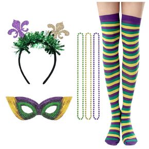6 Pcs Mardi Gras Headband Purple Green Gold Sequins Mask Beads Necklace Stockings Hair Hoops Headpiece Women Hair Bands Hairband Cosplay Dress Up Masquerade Halloween Parade Birthday Party Accessories in Kuwait