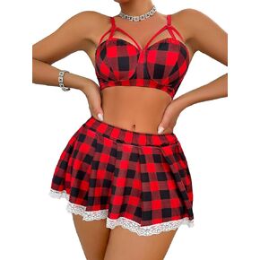 Milumia Women's Lingerie Plaid Cut Out Underwire Bra and Skirt Matching Sets Nightwear
