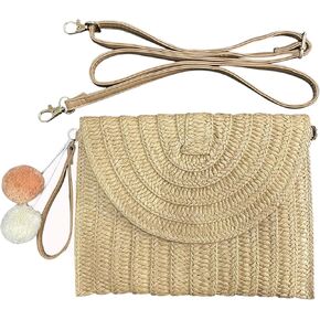 مونوشيف حقيبة يد من القش للنساء: حقائب يد اساسية للشاطئ والعطلات، حقائب كتف منسوجة من الروطان، حقائب كلاتش صيفية من الخوص مصنوعة يدويا، محفظة جيب للكتب، بني, بني in Kuwait