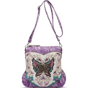 Western Style Metal Butterfly Rhinestone Studded Floral Tooled Leather Women Purse Crossbody Handbag Single Shoulder Bag