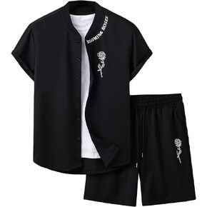 SOLY HUX Men's 2 Piece Outfits Floral Letter Print Button Down Short Sleeve Shirt and Drawstring Shorts Set
