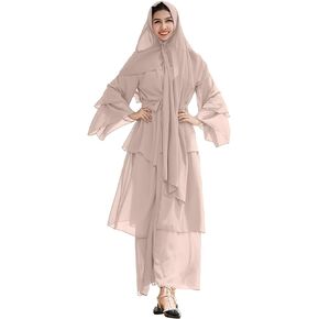 Women Muslim Chiffon Abaya Modest Open Front Cardigan Dress with Hijab Middle East Arabian Robe Islamic Dubai Outfit