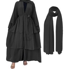 Women Muslim Chiffon Abaya Modest Open Front Cardigan Dress with Hijab Middle East Arabian Robe Islamic Dubai Outfit