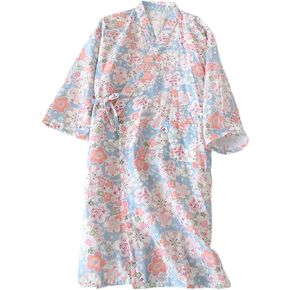 Cotton Kimono Robe Soft Lightweight Yukata Lounge Robe Knee Length Spa Bathrobe Pajamas Nightwear for Men Women