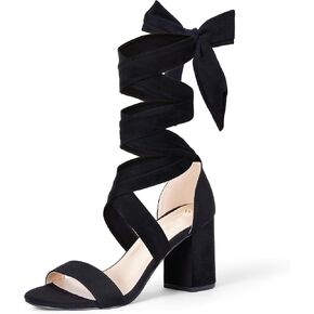 GENSHUO Women's Strappy 3 inches Chunky Block Heels - Round Open Toe Lace Up Sexy Party Dress Shoes