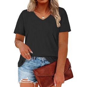 ROSRISS Womens Plus-Size Tops Short Sleeve Shirts V Neck Ribbed Casual Tunics XL-5XL
