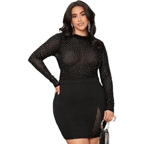 SHENHE Women's Plus Size Mesh Mock Neck Long Sleeve Rhinestone T Shirt Tee Tops