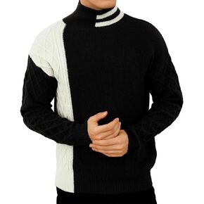 Mens Striped Pullover Sweater Mock Turtleneck Color Block Cable Knit Jumper Sweaters