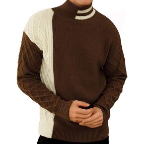 Mens Striped Pullover Sweater Mock Turtleneck Color Block Cable Knit Jumper Sweaters