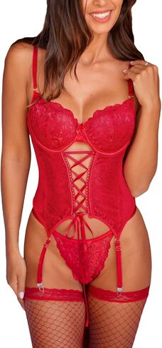 CUPSHE Women's Lace Up Bow Tie Lingerie Bodysuit Babydoll Lingerie Sets with Garter in Saudi Arabia