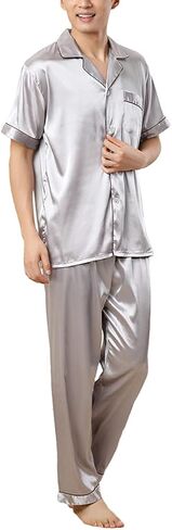 ZUEVI Men's Stain Silk Chinese Pajamas Set Button-Down Short/Long Sleeve Sleepwear Loungewear … in Saudi Arabia