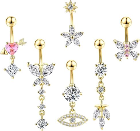 Belly Button Ring Surgical Stainless Steel Dangle Belly Button Rings for Women 14G Gold Silver Belly Ring Navel Piercing Jewelry Heart Butterfly Evil Eye Belly Ring in Saudi Arabia