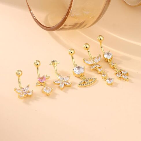 Belly Button Ring Surgical Stainless Steel Dangle Belly Button Rings for Women 14G Gold Silver Belly Ring Navel Piercing Jewelry Heart Butterfly Evil Eye Belly Ring in Saudi Arabia