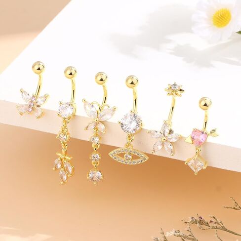 Belly Button Ring Surgical Stainless Steel Dangle Belly Button Rings for Women 14G Gold Silver Belly Ring Navel Piercing Jewelry Heart Butterfly Evil Eye Belly Ring in Saudi Arabia