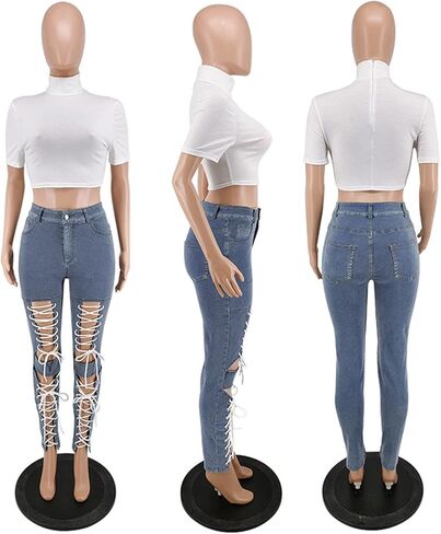 المرأة مثير الدينيم قطع بعقب رفع تمتد ممزق الدانتيل يصل Bodycon نحيل السراويل الجينز in Saudi Arabia