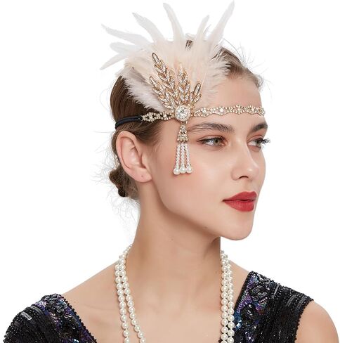 CHUANGLI 1920s Headpiece Flapper Headband, Pearl Peacock Feather Hair Band, Great Gatsby Accessoreis for Women Fascinators in Saudi Arabia