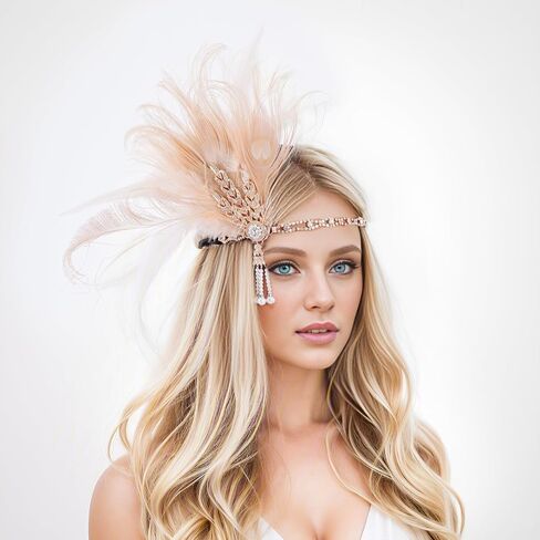 CHUANGLI 1920s Headpiece Flapper Headband, Pearl Peacock Feather Hair Band, Great Gatsby Accessoreis for Women Fascinators in Saudi Arabia