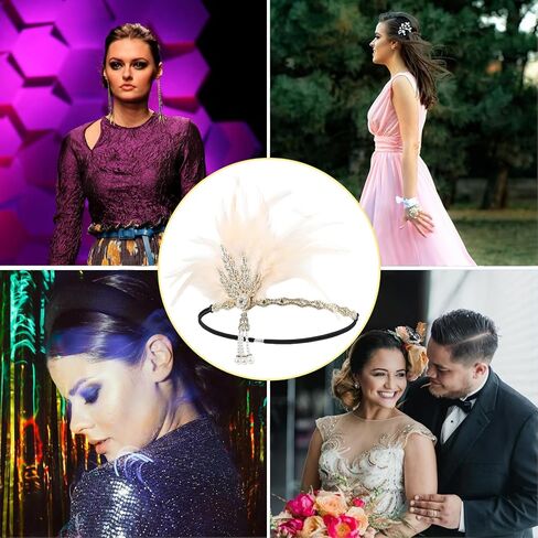 CHUANGLI 1920s Headpiece Flapper Headband, Pearl Peacock Feather Hair Band, Great Gatsby Accessoreis for Women Fascinators in Saudi Arabia