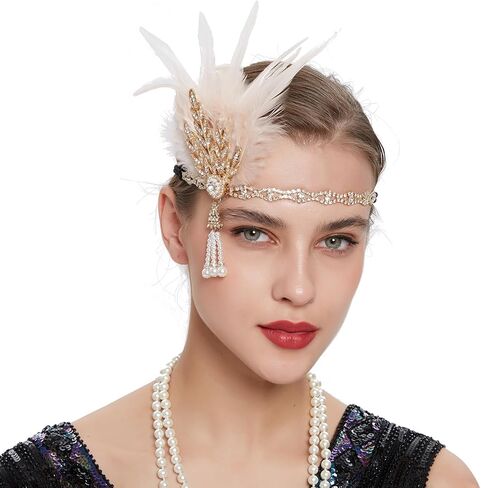 CHUANGLI 1920s Headpiece Flapper Headband, Pearl Peacock Feather Hair Band, Great Gatsby Accessoreis for Women Fascinators in Saudi Arabia