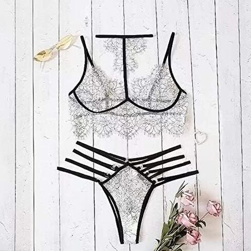 Big Monster J Women's 3 Piece Sexy Lingerie Set Sheer Lace White Black Perfect Valentine Gift for Her in Saudi Arabia