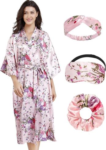 EPLAZA Women Long Floral Silky Satin Robe Wedding Bridal Spa Party Bride Bridesmaid Robes Kimono Loungewear Dressing Gowns in Saudi Arabia