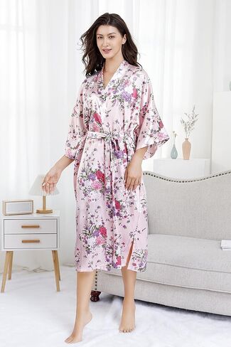 EPLAZA Women Long Floral Silky Satin Robe Wedding Bridal Spa Party Bride Bridesmaid Robes Kimono Loungewear Dressing Gowns in Saudi Arabia