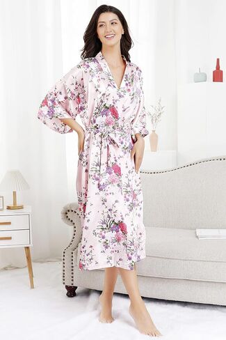 EPLAZA Women Long Floral Silky Satin Robe Wedding Bridal Spa Party Bride Bridesmaid Robes Kimono Loungewear Dressing Gowns in Saudi Arabia