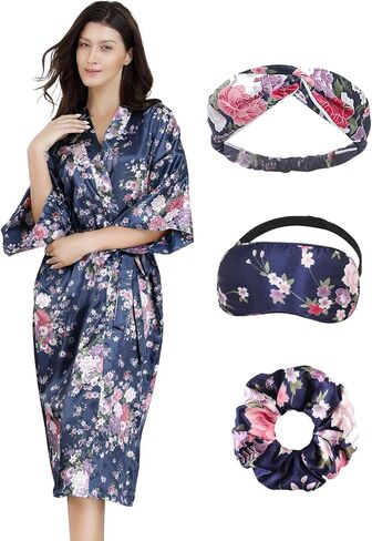 رداء نسائي طويل من EPLAZA مصنوع من الساتان الحريري والزهور لحفلات الزفاف وحفلات الزفاف والعروس ووصيفة العروس رداء كيمونو للاستلقاء in Kuwait