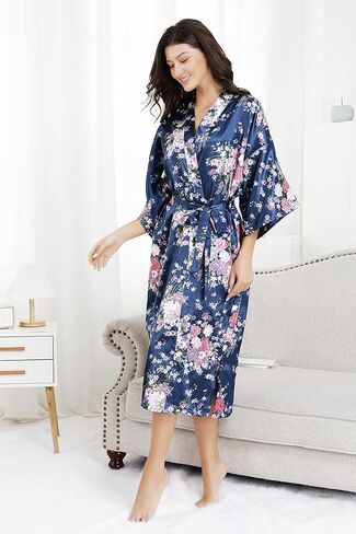 رداء نسائي طويل من EPLAZA مصنوع من الساتان الحريري والزهور لحفلات الزفاف وحفلات الزفاف والعروس ووصيفة العروس رداء كيمونو للاستلقاء in Kuwait