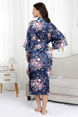 رداء نسائي طويل من EPLAZA مصنوع من الساتان الحريري والزهور لحفلات الزفاف وحفلات الزفاف والعروس ووصيفة العروس رداء كيمونو للاستلقاء in Kuwait