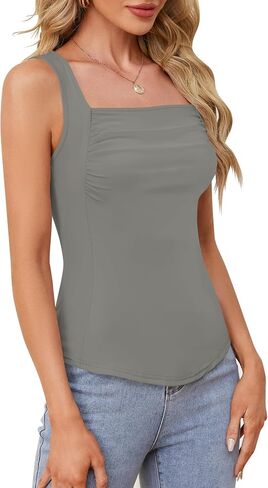Ivicoer Womens Casual Summer Sleeveless Tank Tops Slim Fit Square Neck Ruched Going Out Top Basic Tees Shirts 2024 S-XL in Saudi Arabia