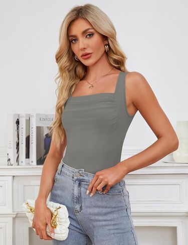 Ivicoer Womens Casual Summer Sleeveless Tank Tops Slim Fit Square Neck Ruched Going Out Top Basic Tees Shirts 2024 S-XL in Saudi Arabia