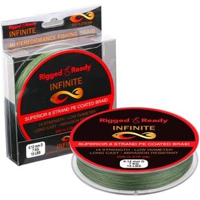 Rigged and Ready Infinite Hi-Performance Fishing Braid 10 to 66lb 4.5 to 30kg PE Coated Line 200m. Braided 8 Strand Low Diameter No Stretch Long Cast Abrasion Resistant Fast Sink. Sea Fishing.