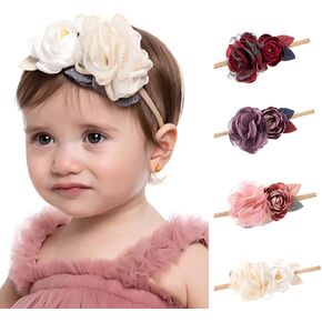Wiwpar Flower Crown Headband Gauze Headwear Elastic Adjustable Head Piece Girl's Hairbands for Toddler and Childrens （Dark Red）
