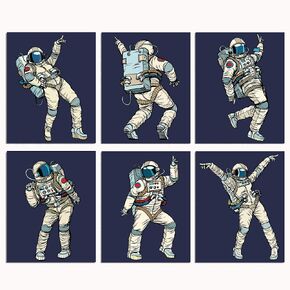 Outer Space Room Decor - Set of 6 Space Posters, 8x10 Dancing Astronaut Wall Prints, Space Wall Art for Boys, Kids & Space Fans, Printed on FSC Certified 100# Cardstock