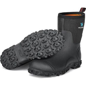 Rubber Boots for Men, 6mm Neoprene Insulated Rain Boots with Steel Shank, Men's Mid Calf Waterproof Work Boots, Durable Anti-Slip Mud Boots for Farming Gardening Fishing, Size 7-13