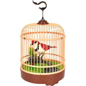 PowerTRC Singing & Chirping Bird in Cage, Realistic Sounds & Movements, Sound Activated, Battery Operated, Great Desk and Room Accessory, Pet Caged Bird Toy (10" x 7")