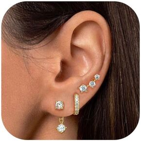 BERISO 3/4 Pairs Earrings Sets for Women, Dainty 14K Gold/Silver Plated CZ Cartilage Earring Huggie Hoop Earring Set Multiple Piercing Ear Jacket Stud Earrings Jewelry Gifts for Her