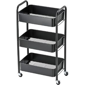 wkokos 3-Tier Rolling Metal Storage Organizer - Mobile Utility Cart Kitchen/Under Desk Cart with Caster Wheels, Black
