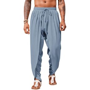 Runcati Mens Linen Harem Pants Casual Elastic Waist Pants Baggy Boho Yoga Hippie Summer Beach Kurta Dhoti Trousers