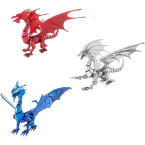 Fascinations Metal Earth ICONX 3D Metal Model Kits Dragon Set of 3 - Silver - Blue - Red