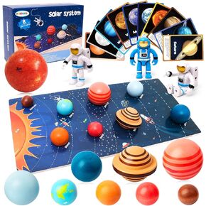 Wooden Solar System Model Board with Sun Stress Ball Astronauts Planet Flash Card Educational Montessori Toys Space Sensory Toys STEM Kits Christmas Birthday Gift for Kids Ages 3-8
