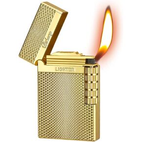Classic Cigarette Cigar Metal Lighter, Traditional Soft Flame Butane Lighter, Adjustable Flame, Butane Gas Refillable (Gold)