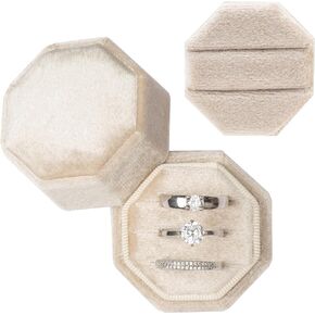 Equal Octagon Velvet Ring Box 2 Slots|3 Slots Storage Box for Wedding Ceremony Proposal Engagement Birthday (Beige)