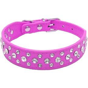 Rhinestone Dog Collar, Bling Rhinestone PU Leather Crystal Diamond Pet Dog Cat Puppy Collar Black S M L XL (S, Pink)