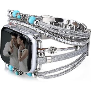Boho Leather Bracelet Compatible with Apple Watch Bands for Women Men 38mm 40mm 41mm 42mm 44mm 45mm 49mm - Multilayer Wrap Dressy Apple Watch Strap for Cute Iwatch Band Series 9 8 7 6 SE Ultra 2 5 4 3 2 1