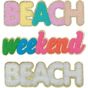 3 Pcs Colorful Beach Weekend Chenille Iron on Patches for Clothing Sew on/Iron on Applique Repair Embroidered Decorations DIY Craft Accessories for Backpacks Hats Dress Jackets Jeans